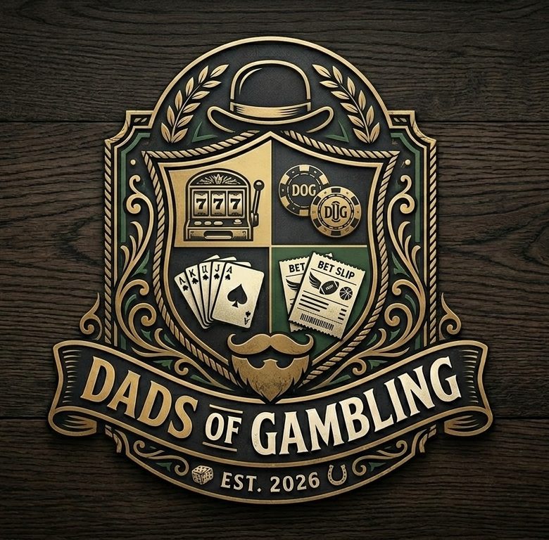 The Dads of Gambling crest — a gold and green heraldic shield with a slot machine, poker chips, playing cards, and a bet slip, est. 2026